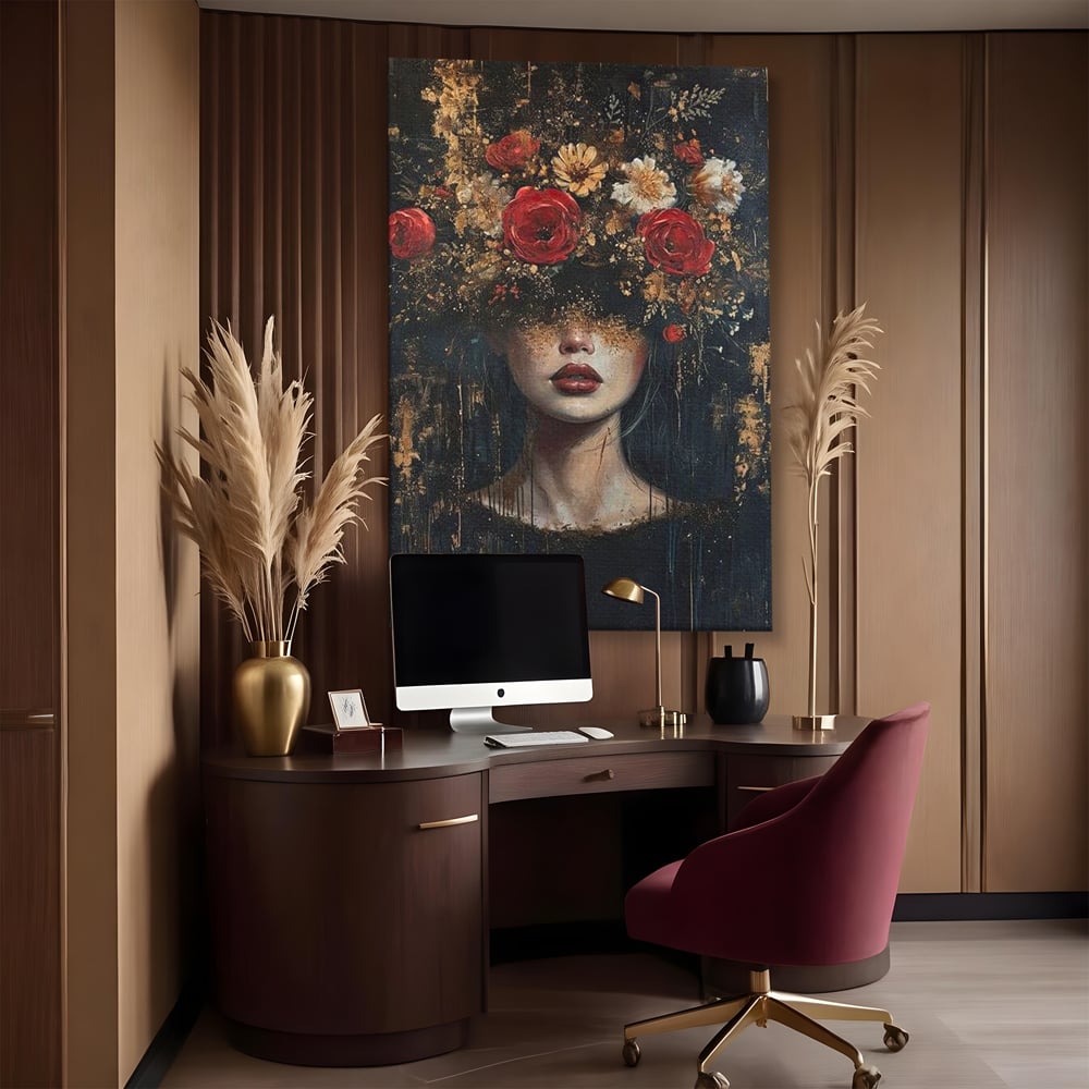 Tablou canvas cu tablou canvas cu portret de femeie si trandafiri rosii, fara rama, pe sasiu de lemn, pe perete intr-un birou